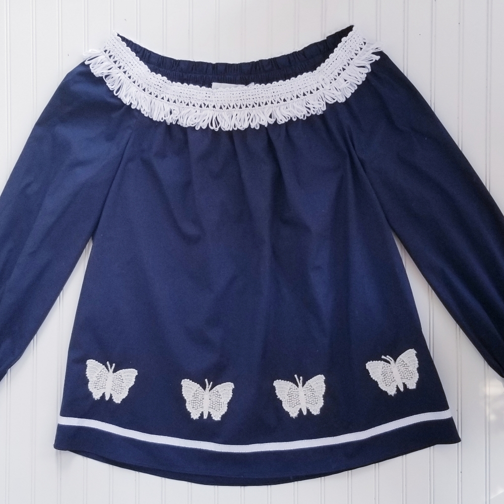 Sara Campbell Butterfly Navy Blue Popover Blouse Top Size Small NEW NWT - Picture 3 of 10
